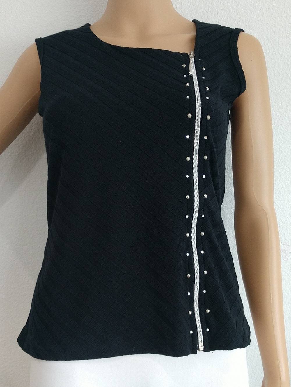 Black Sleeveless Tank with Asymmetric Silver Zip & Studs